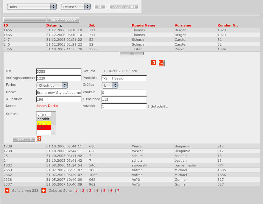Eine serialisierte Tabelle diente gleichzeitig als Akkordeon, dass zeilenweise Formulare barg